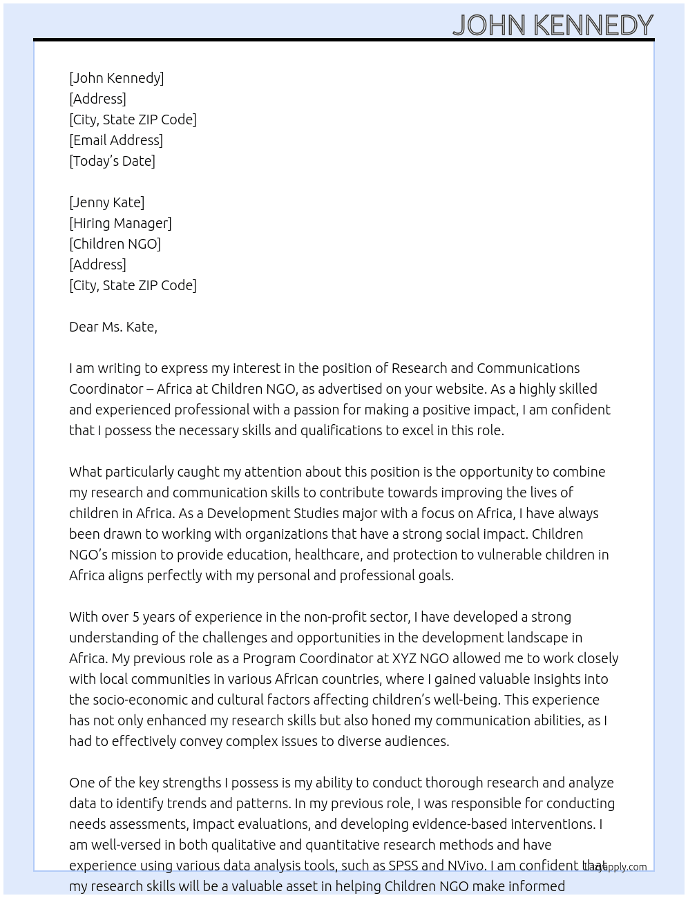 Research and Communications Coordinator – Africa    At Children NGO Cover Letter