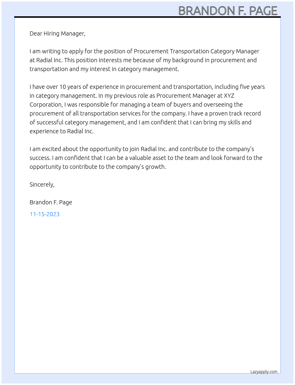 Procurement Transportation Category Manager At Radial Inc.  Cover Letter