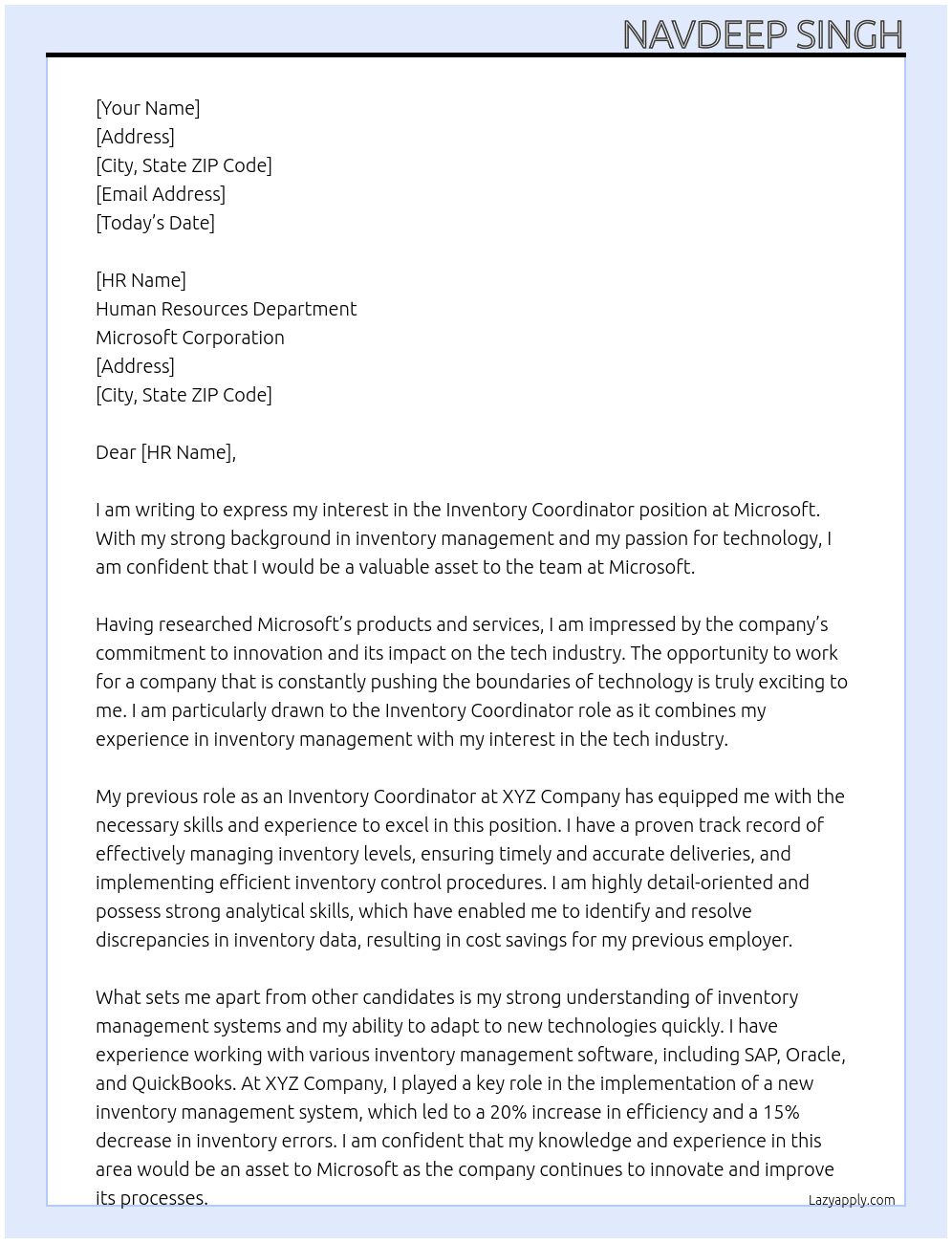 Inventory Coordinator  At Microsoft  Cover Letter