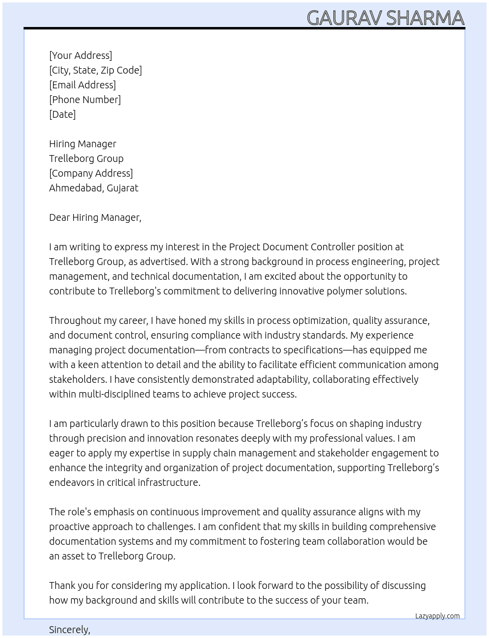 Project Document Controller At Trelleborg Group Cover Letter