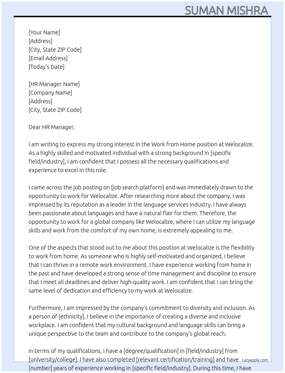 Work from home  At Welocalize Cover Letter