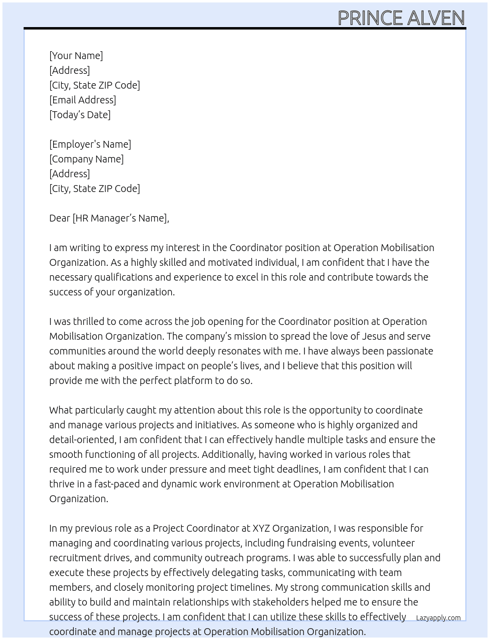 Coordinator  At Operation Mobilisation Organization Cover Letter