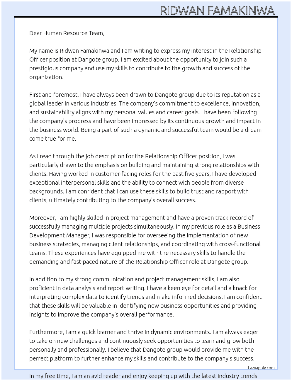 Relationship Officer  At Dangote group  Cover Letter