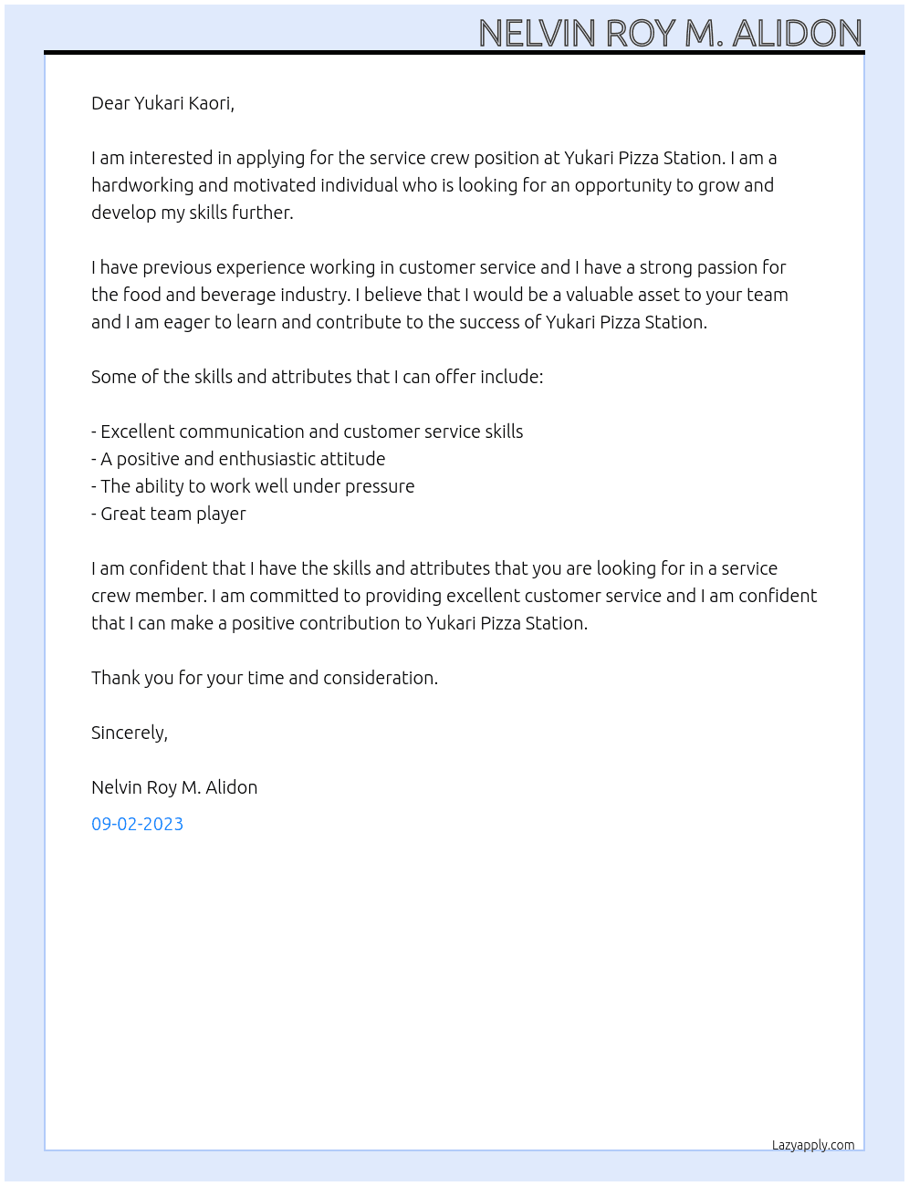 service crew At Yukari Pizza Station Cover Letter