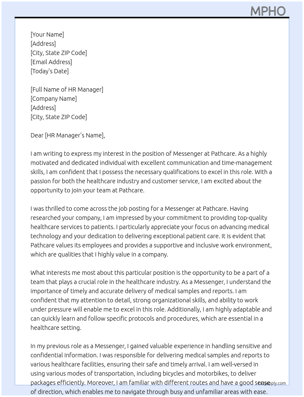 Messenger  At Pathcare Cover Letter
