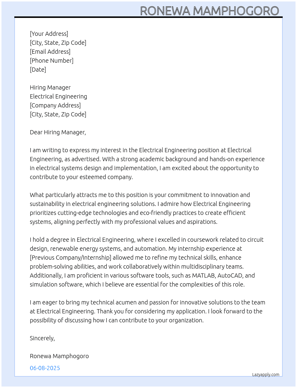 Electrical engineering  At Electrical engineering  Cover Letter