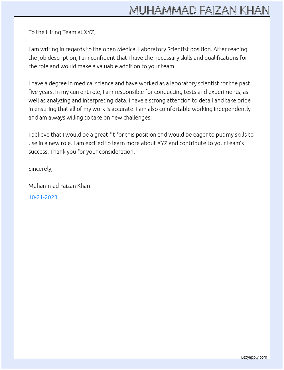 MEDICAL LABORATORY SCIENTIST At xyz Cover Letter