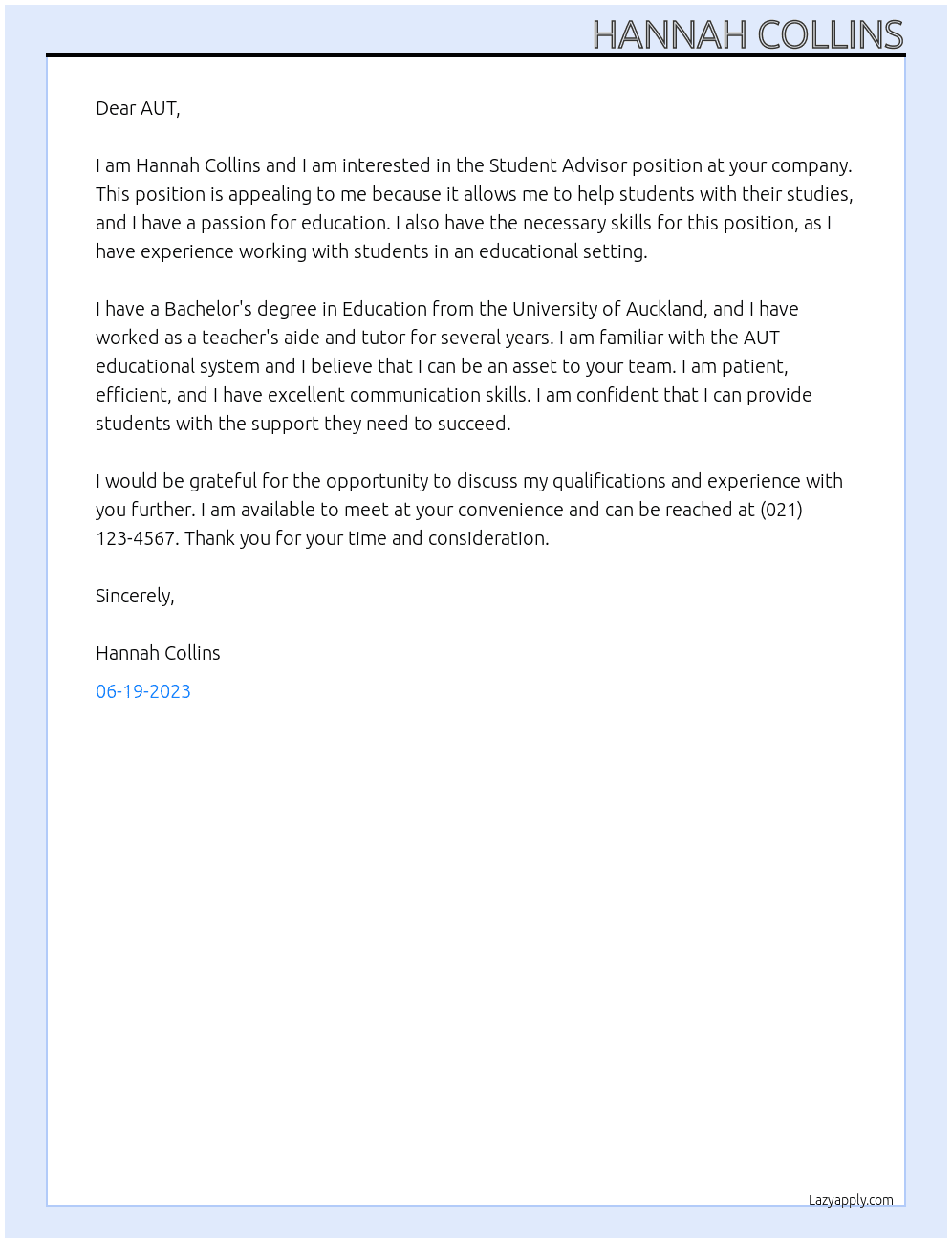 Student Advisor At AUT Cover Letter