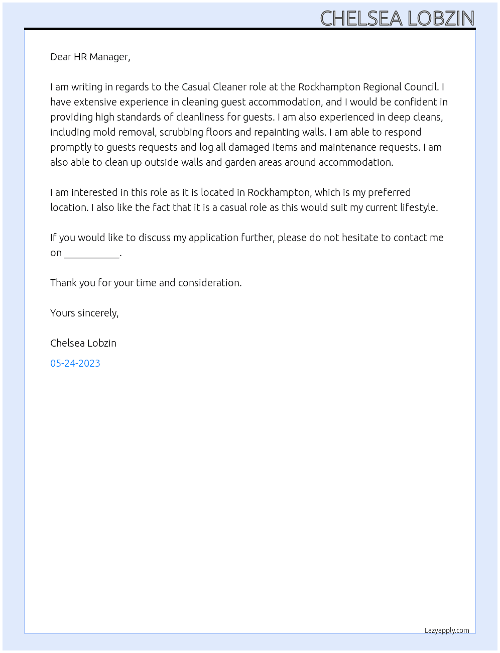 Cleaner At Rockhampton Regional Council Cover Letter