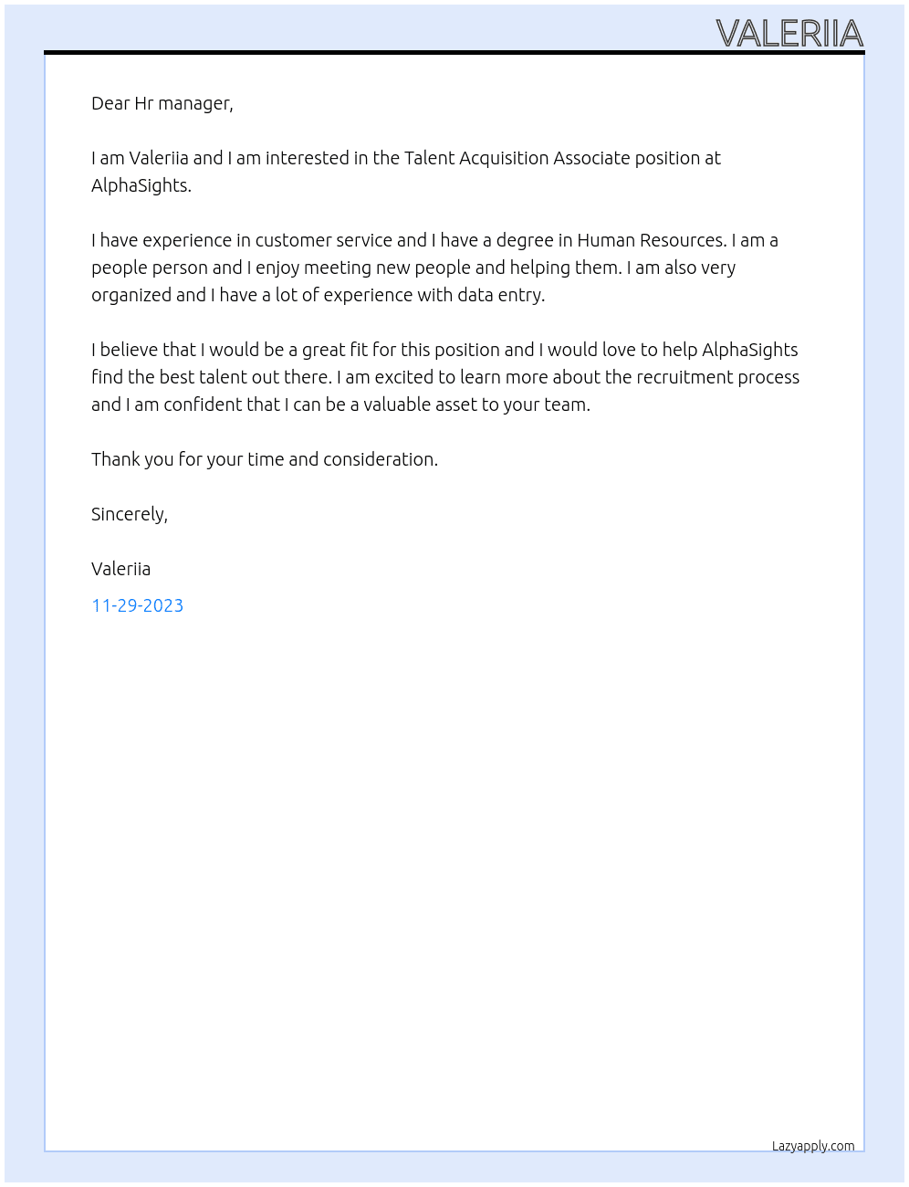 Talent Acquisition Associate At AlphaSights Cover Letter