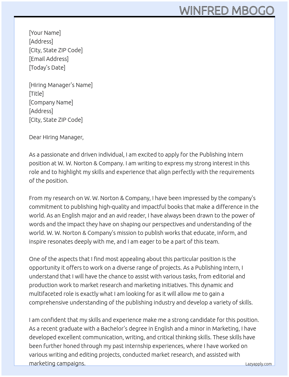 Publishing Intern At W. W. Norton & Company Cover Letter