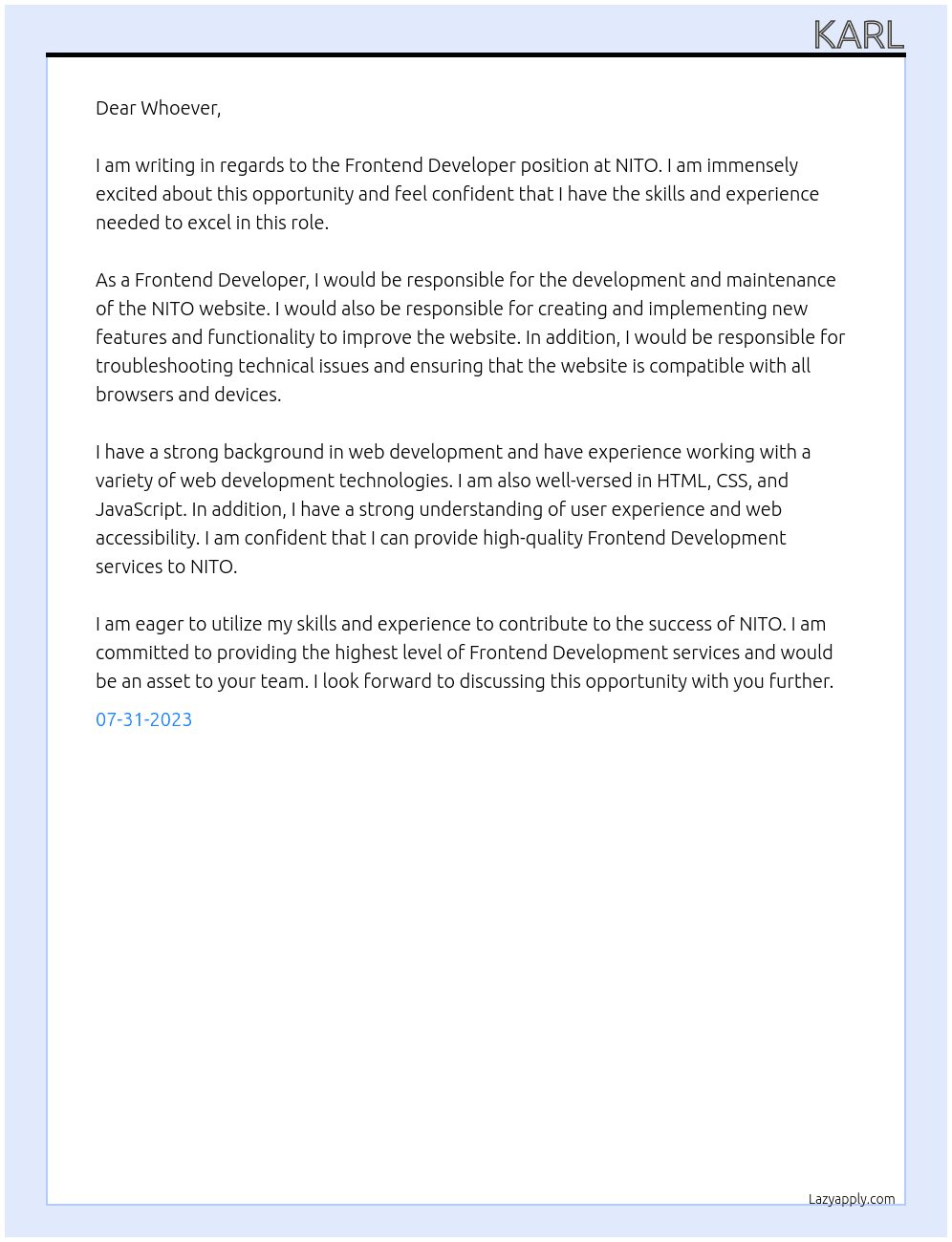 Frontend developer At NITO Cover Letter