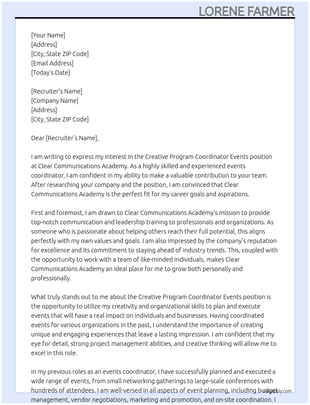 Creative Program Coordinator Events At Clear Communications Academy Cover Letter