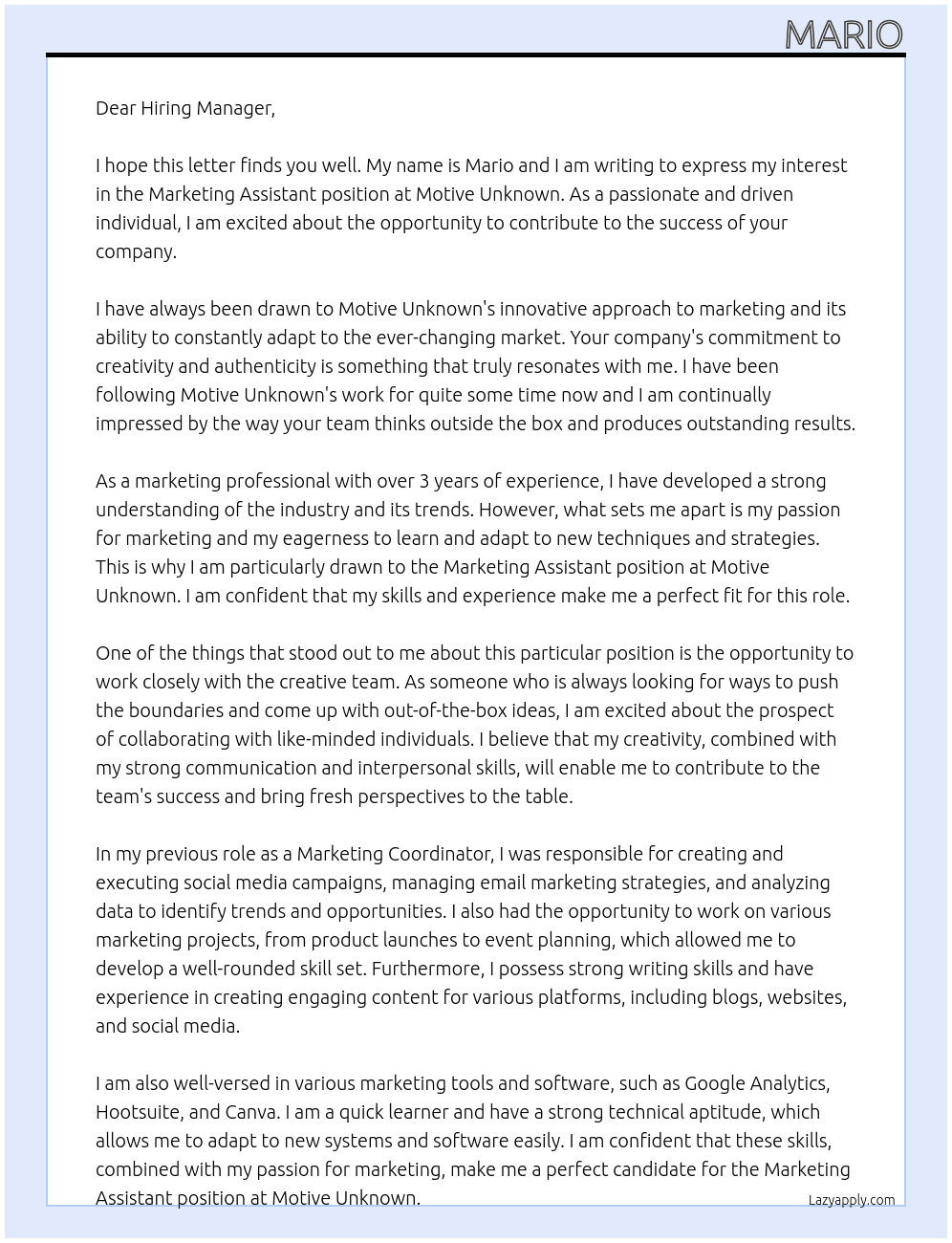 marketing assistant At Motive Unknown Cover Letter