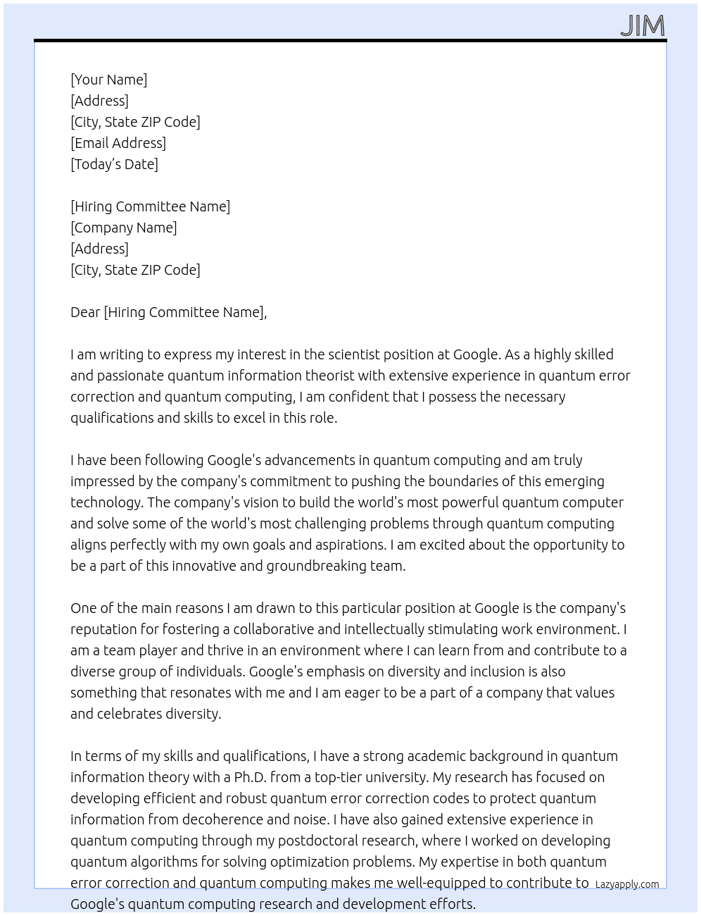 scientist At Google Cover Letter