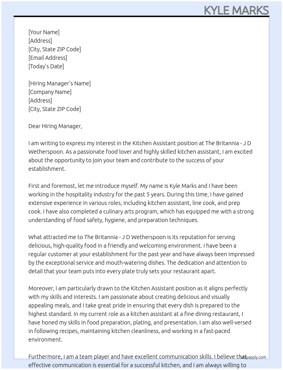 Kitchen Assistant At The Britannia - J D Wetherspoon Cover Letter