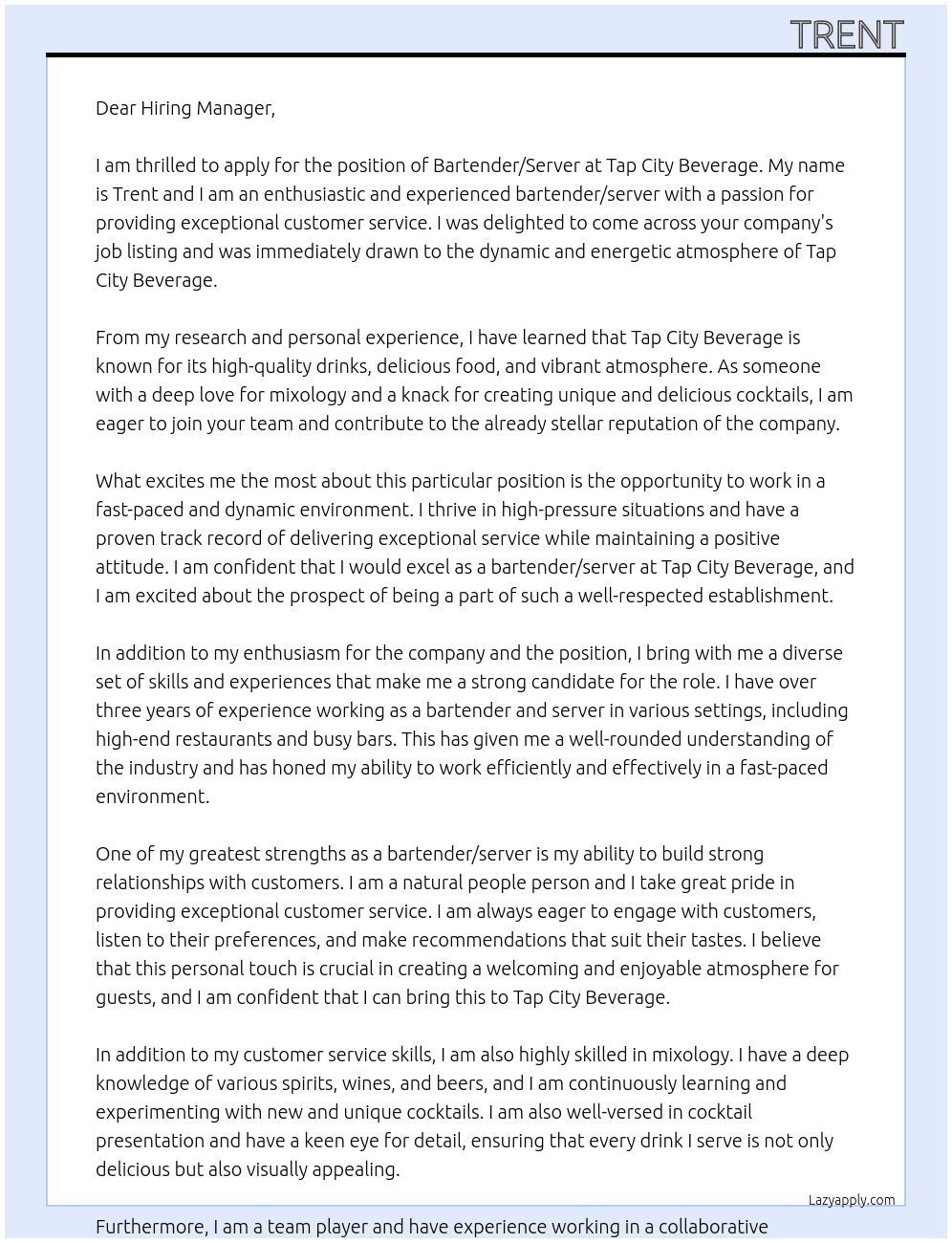 Bartender/Server At Tap City Beverage Cover Letter