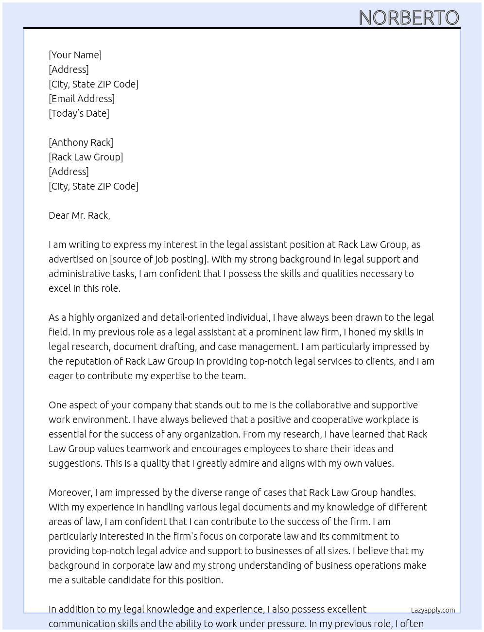 legal assistant At Rack Law Group Cover Letter