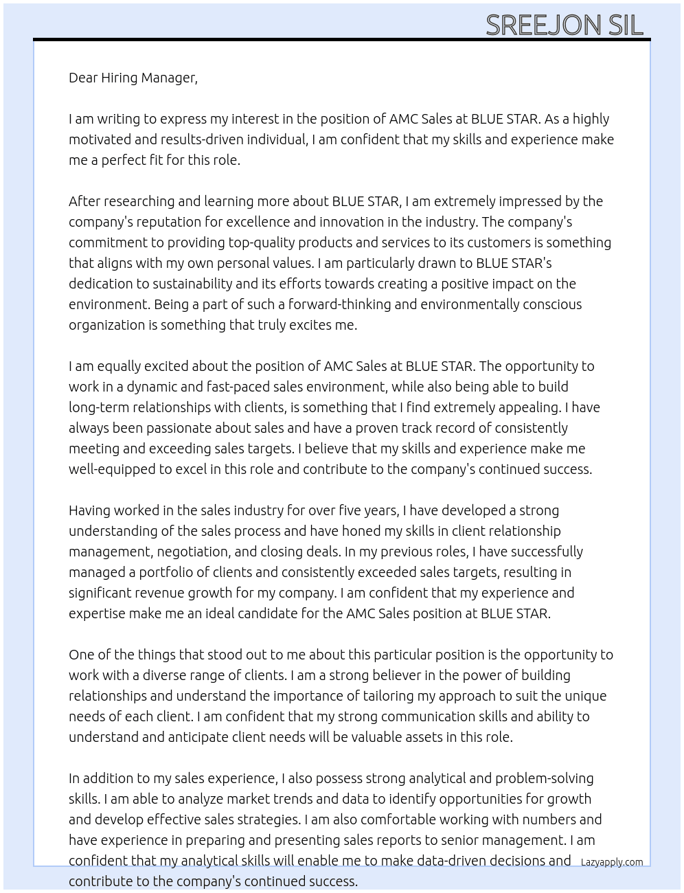 AMC SALES At BLUE STAR Cover Letter