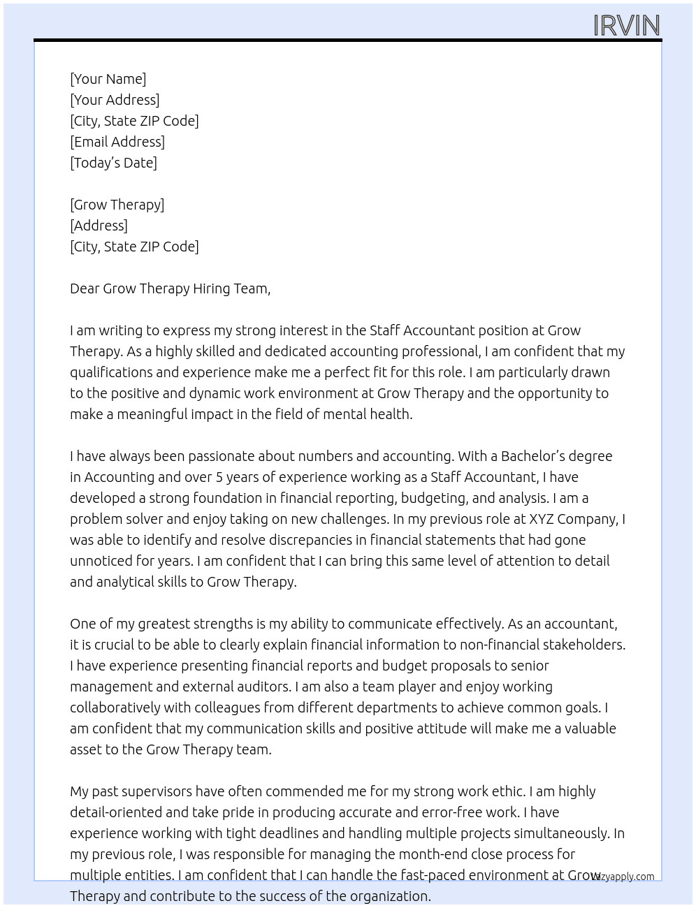 Staff Accountant At Grow Therapy Cover Letter