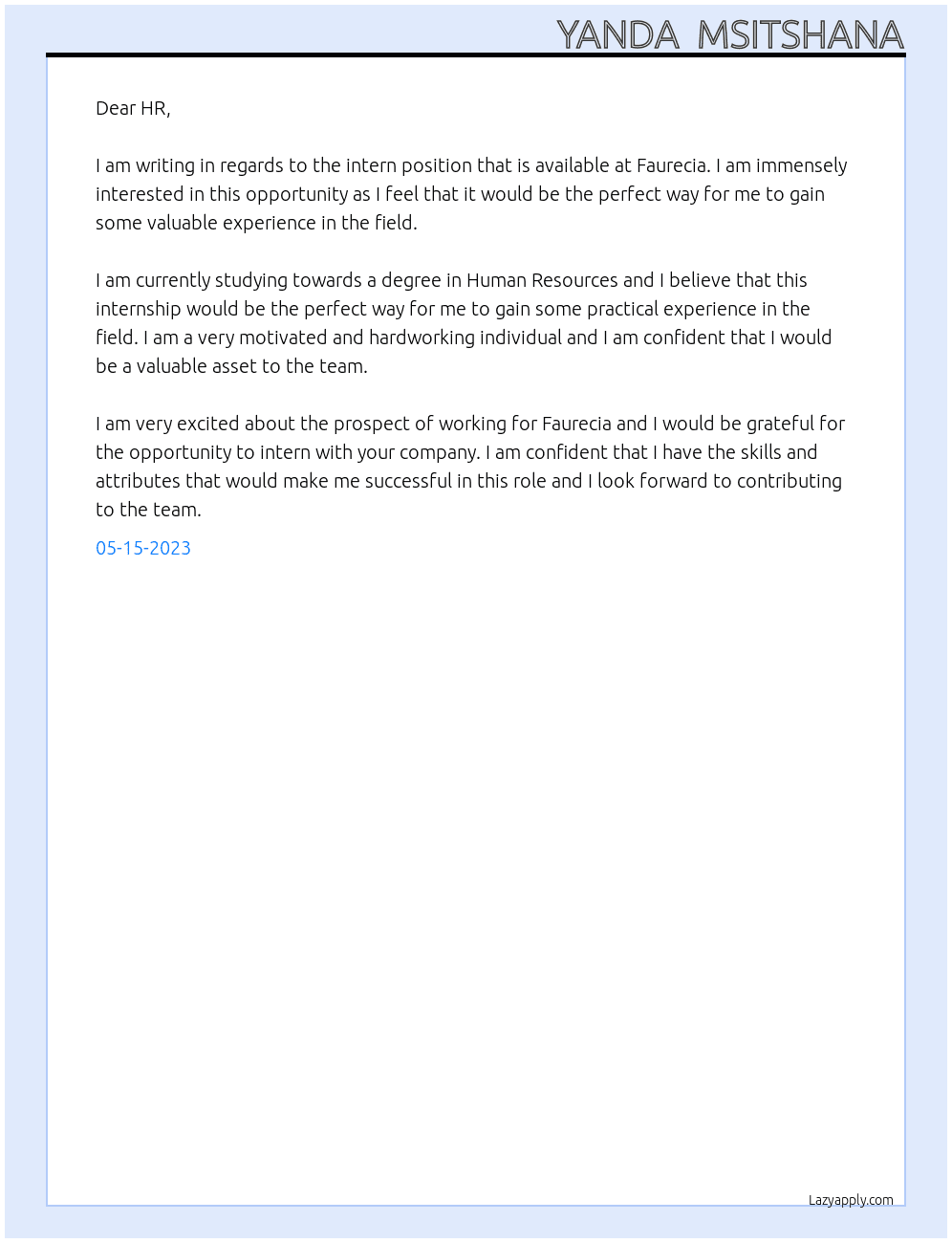 intern At faurecia Cover Letter