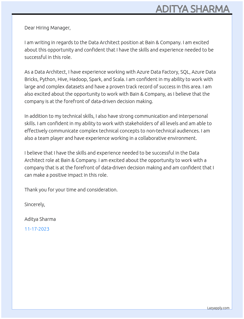 Data Architect At Bain & Company Cover Letter