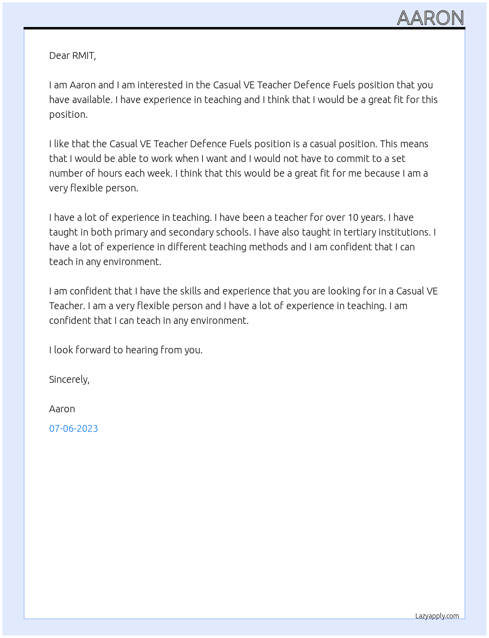 Casual VE Teacher Defence Fuels At RMIT Cover Letter