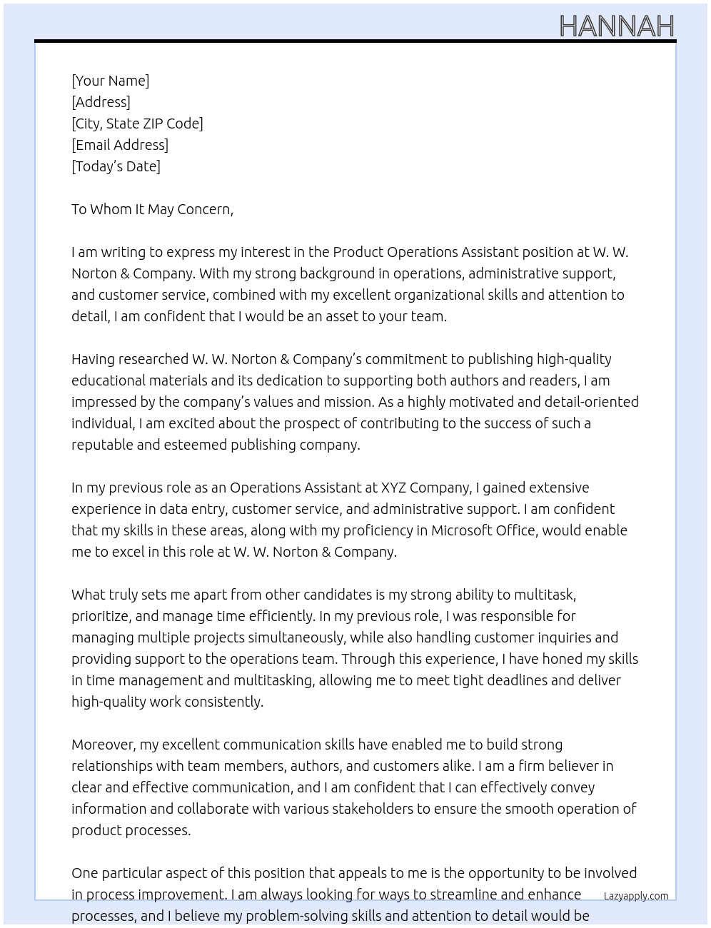 Product Operations Assistant  At W. W. Norton & Company Cover Letter
