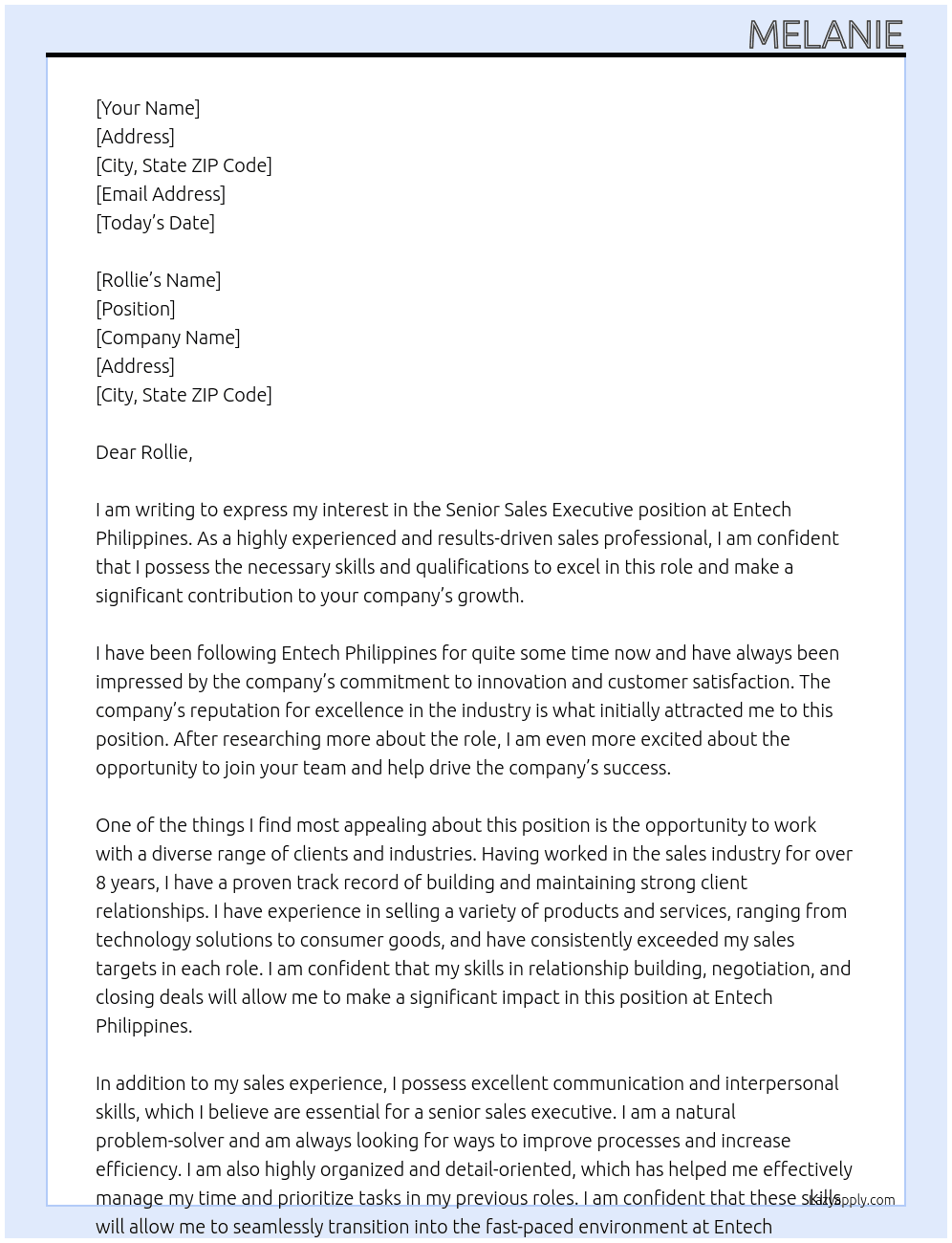 Senior Sales Executive At Entech Philippines Cover Letter