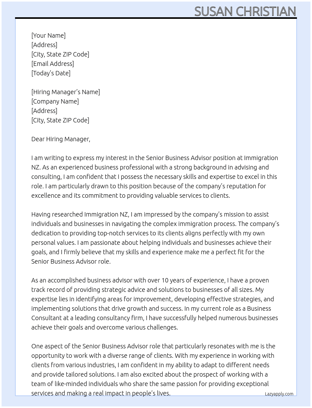 Senior Business Advisor At Immigration NZ Cover Letter