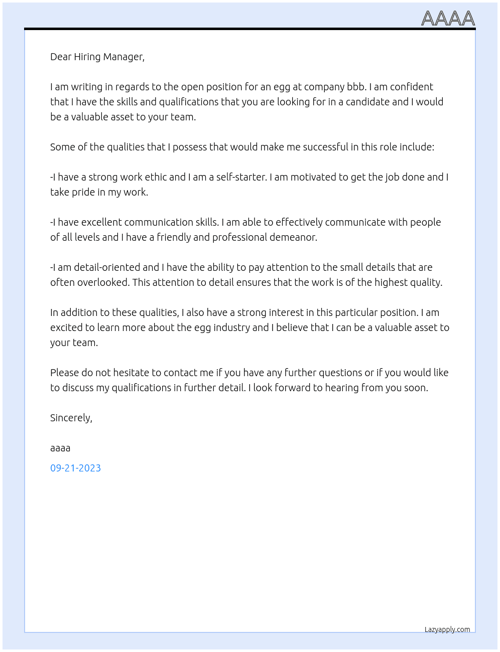 Egg At bbb Cover Letter