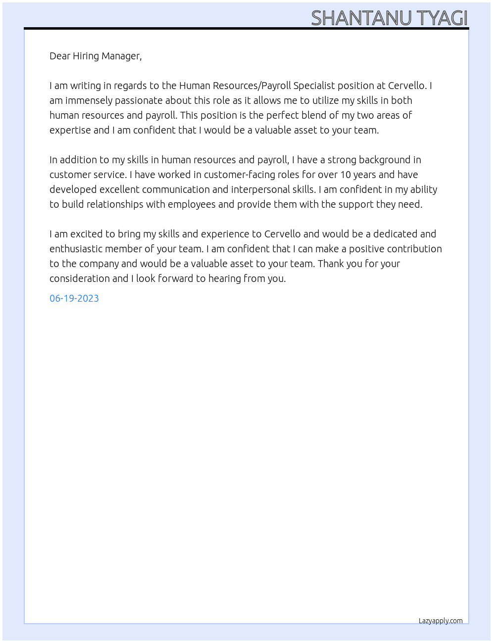 Human Resources/Payroll Specialist At Cervello Cover Letter