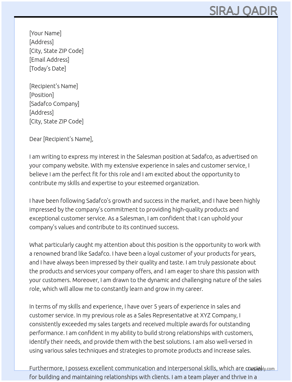 Salesman At Sadafco  Cover Letter