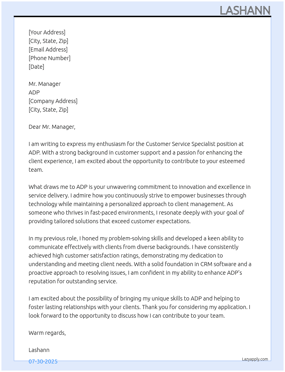 customer service specialist At adp Cover Letter