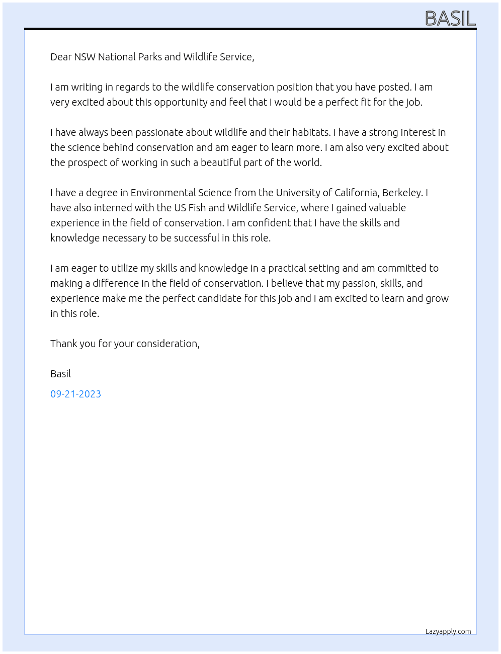 wildlife conservation At NSW National Parks and Wildlife Service Cover Letter