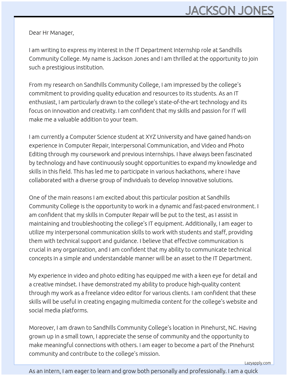 IT Department  At Sandhills Community College  Cover Letter