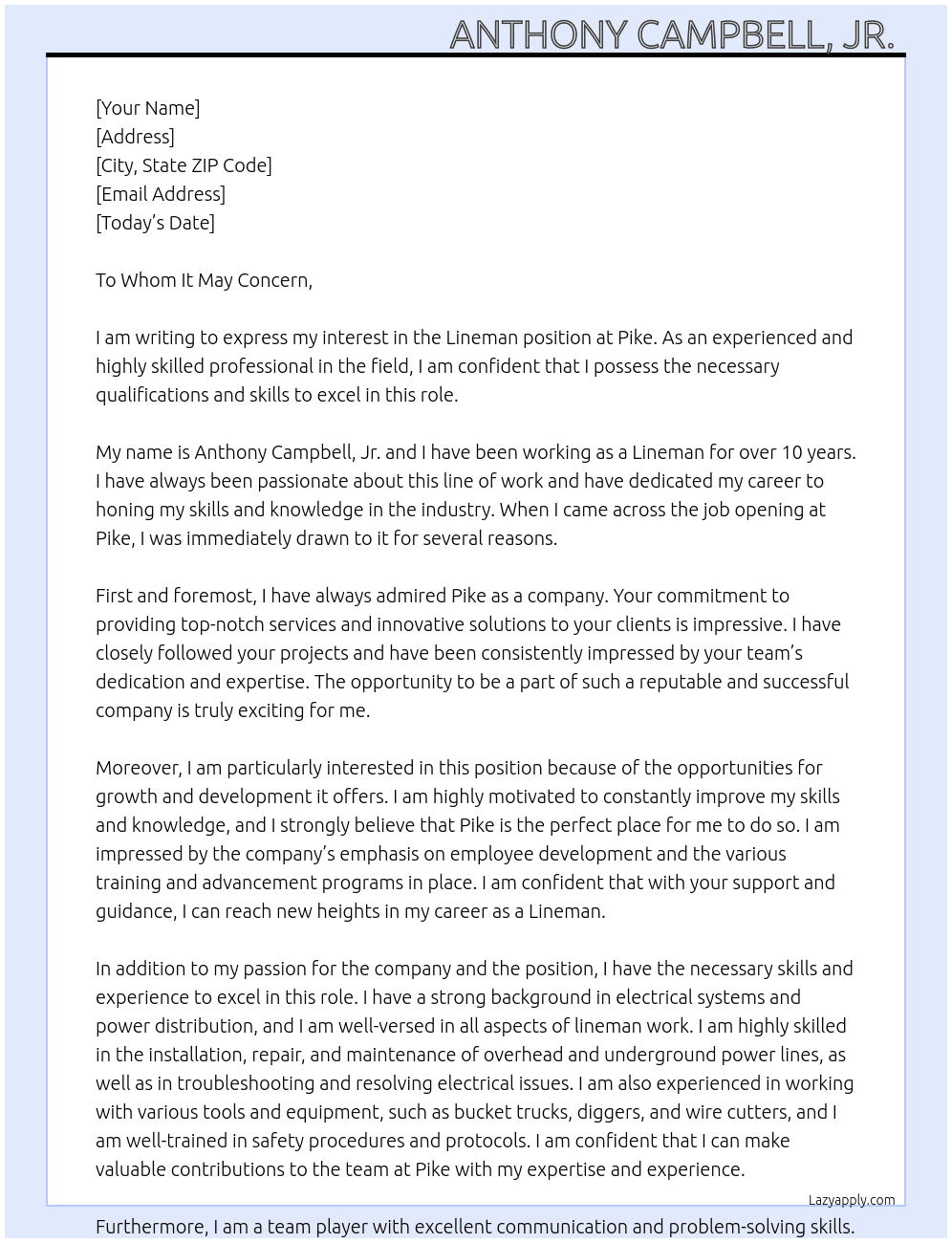 Lineman At Pike  Cover Letter