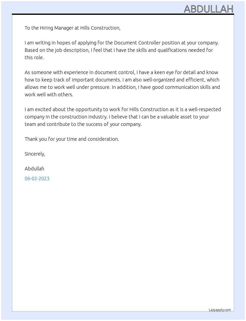 Document Controller At Hills Construction Cover Letter