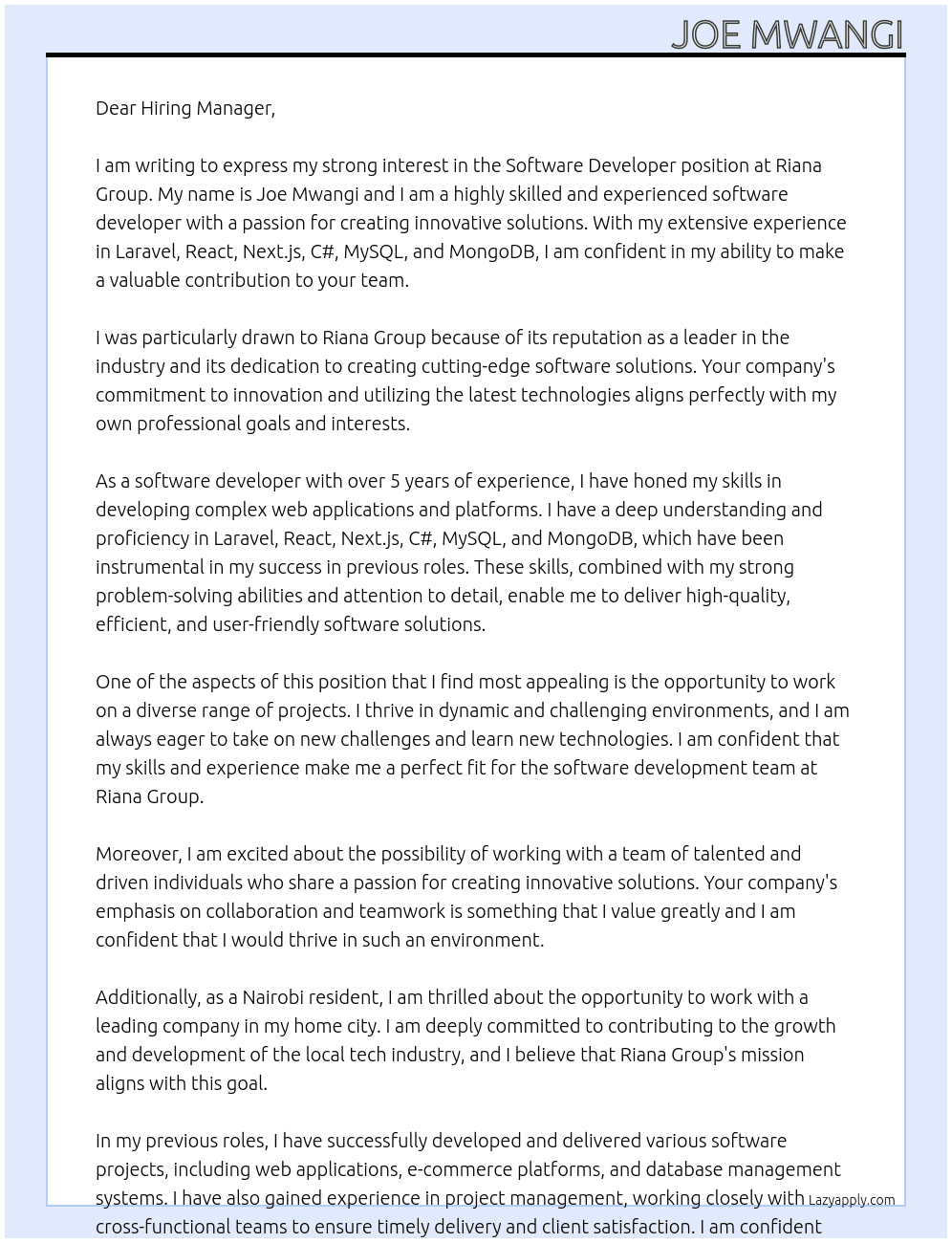 Software Developer At Riana Group Cover Letter