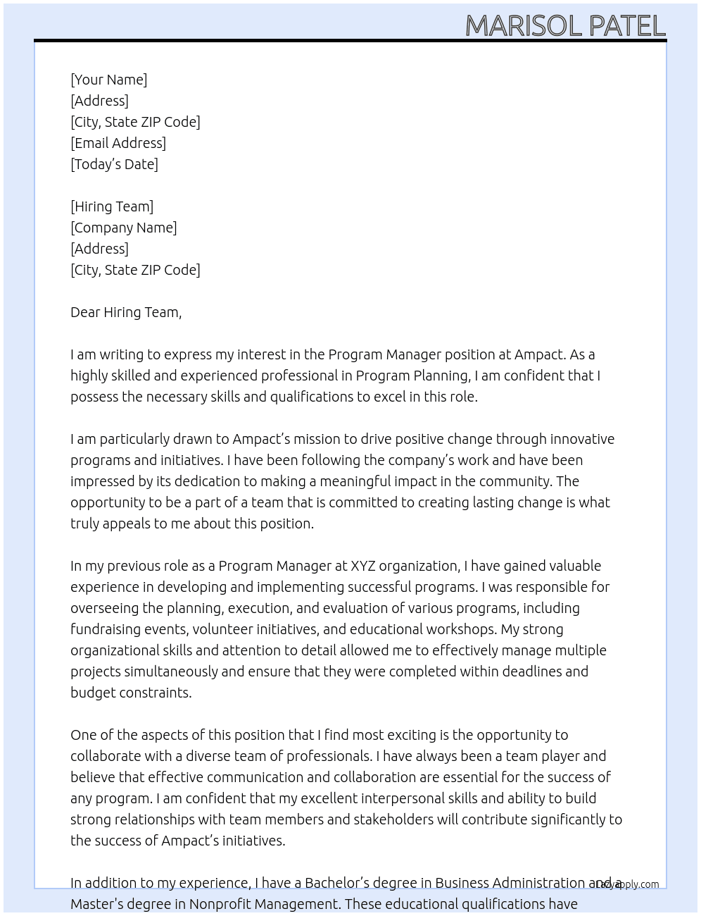 Program Manager At Ampact Cover Letter
