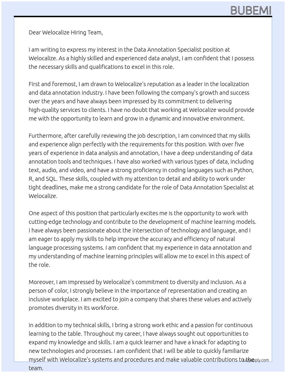 Data Annotation Specialist At Welocalize Cover Letter