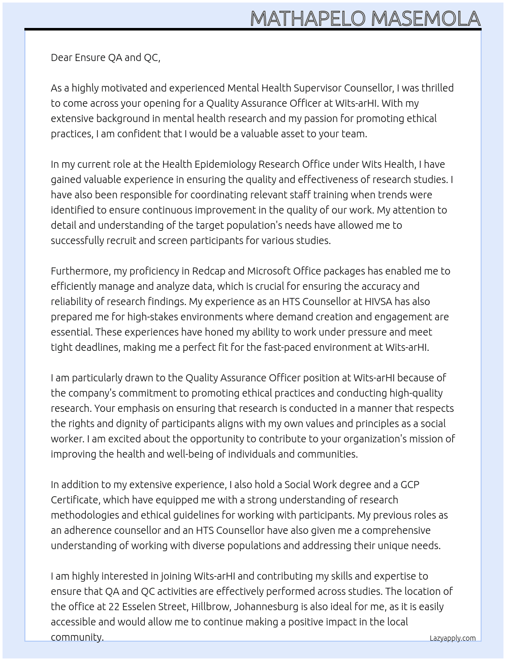 Quality Assurance officer  At Wits-arHI Cover Letter
