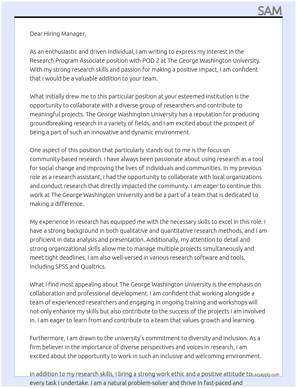 Research Program Associate, POD 2 At The George Washington University Cover Letter