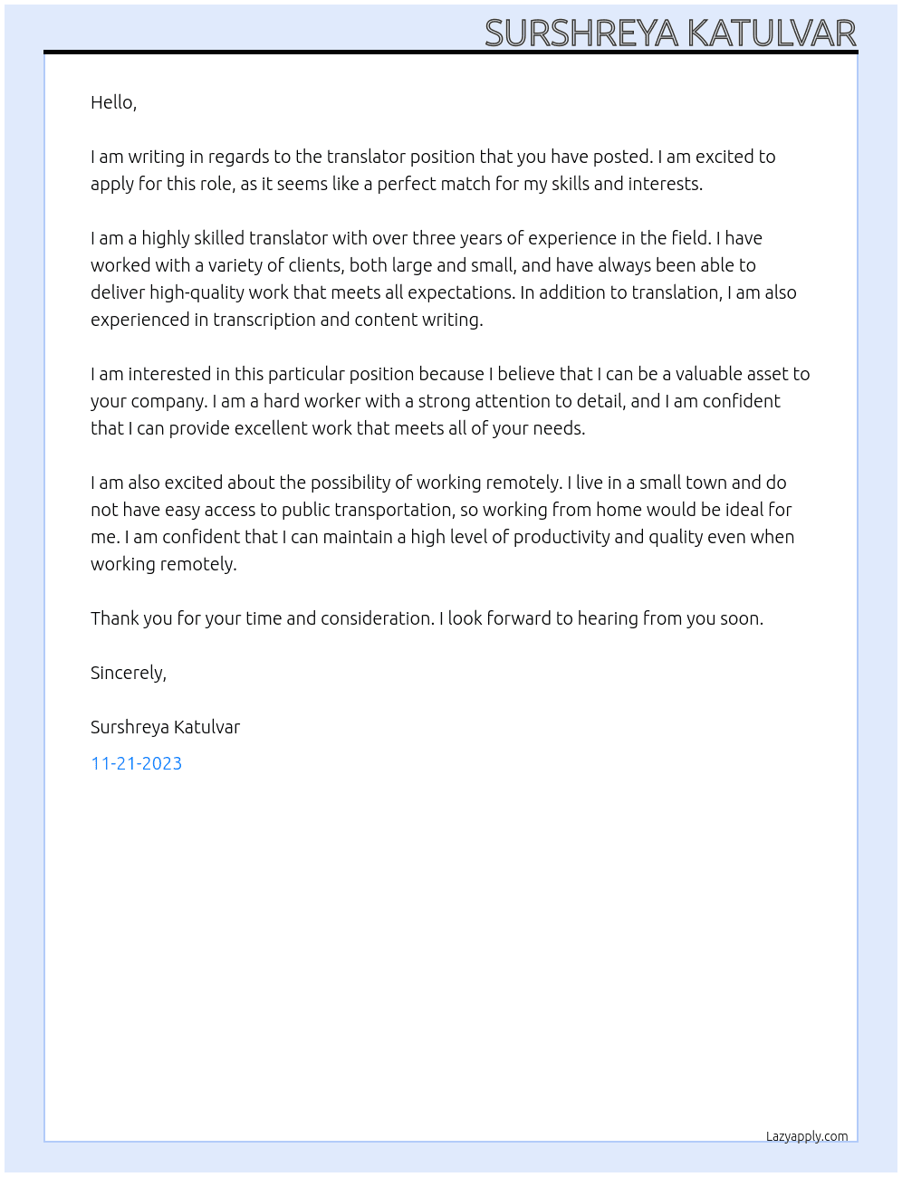 translator At upw Cover Letter