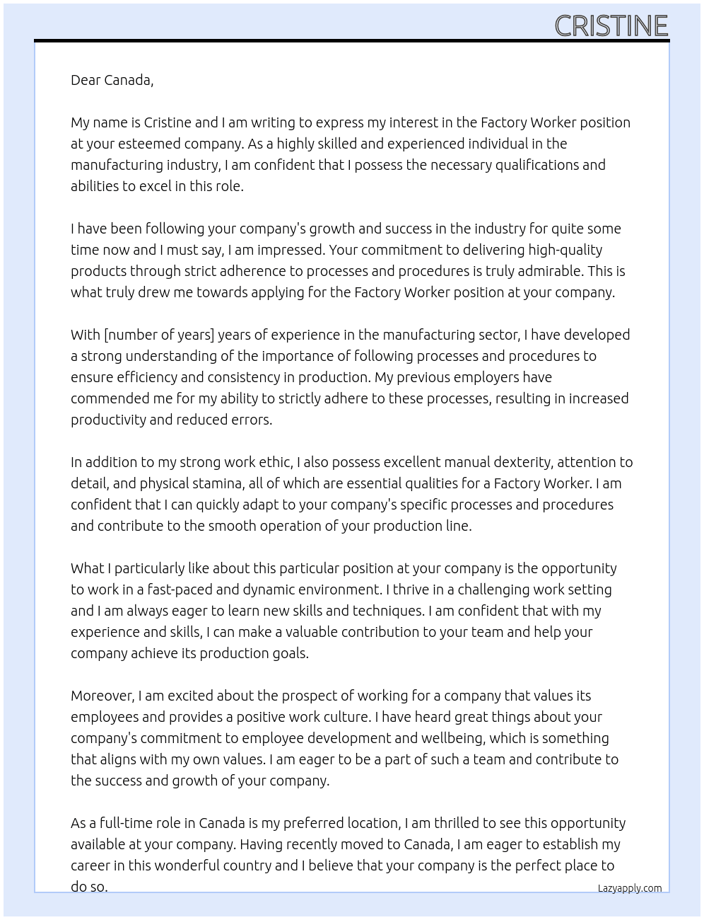 factory worker At canada Cover Letter