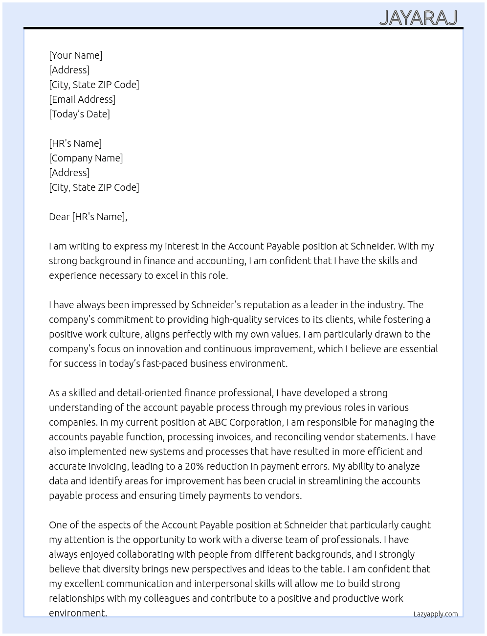 Account Payable  At Schneider  Cover Letter