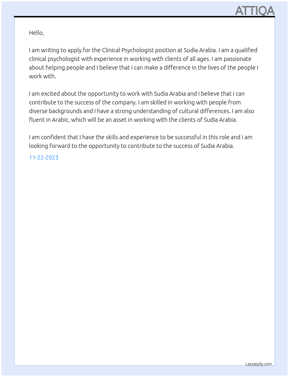 Clinical Psychologist At sudia arbia Cover Letter