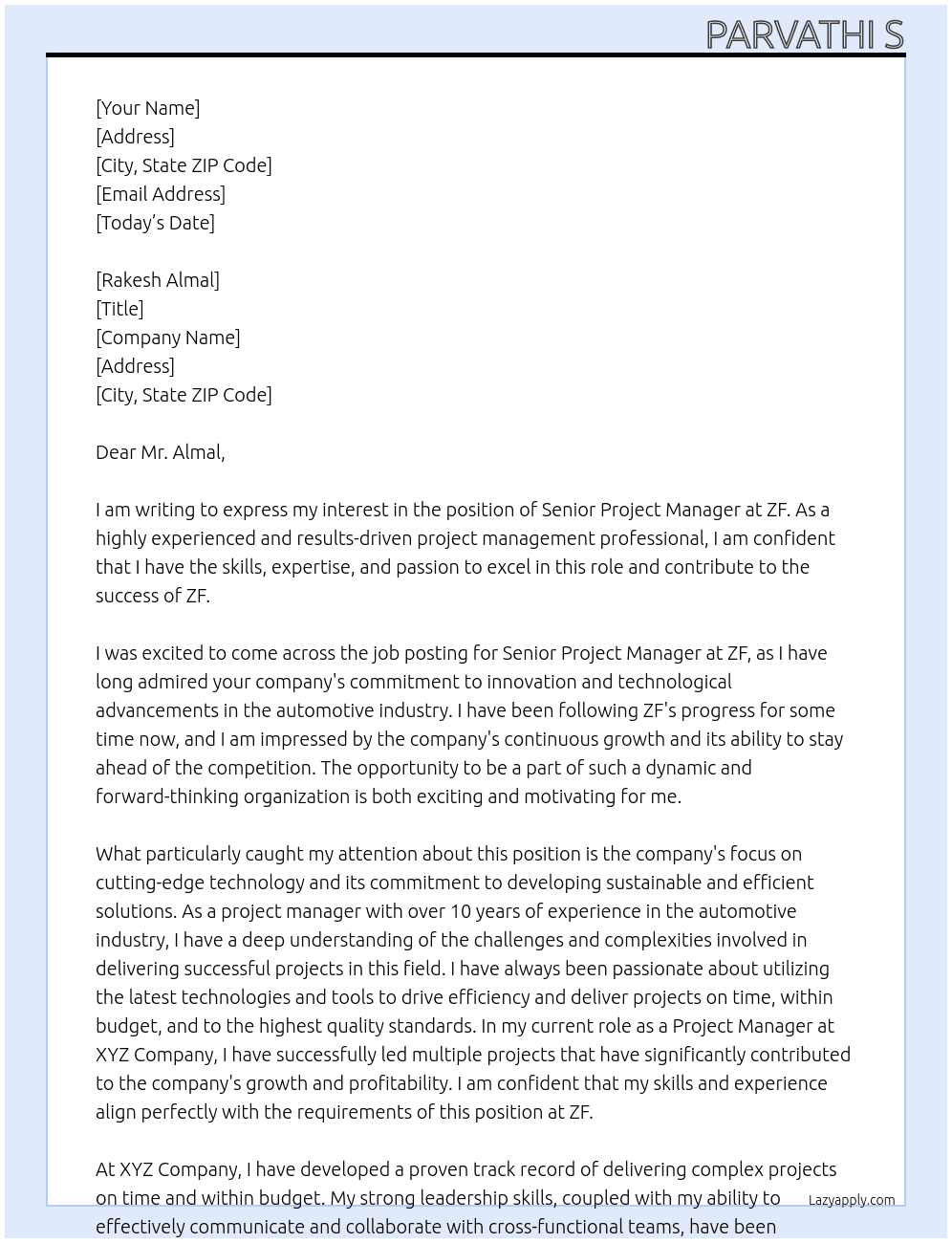 Senior Project Manager At ZF Cover Letter