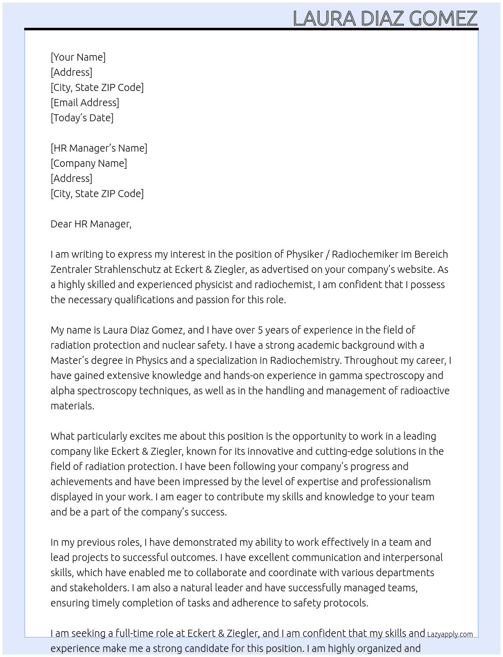 Physiker / Radiochemiker im Bereich Zentraler Strahlenschutz At Eckert & Ziegler Cover Letter
