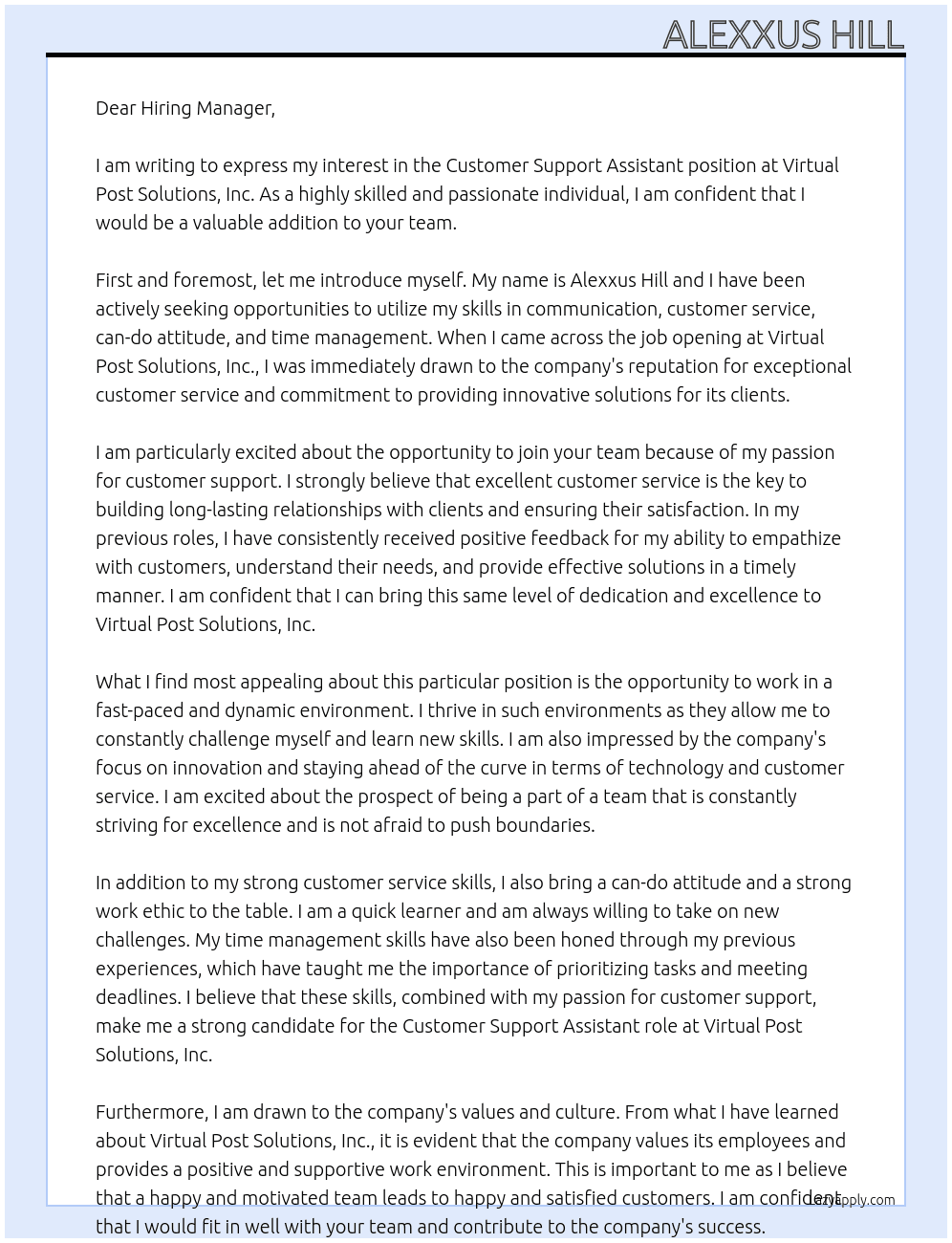 Customer Support Assistant At Virtual Post Solutions, Inc.  Cover Letter
